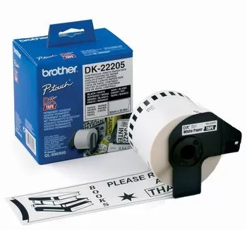 Banda continua de hartie Brother DK22205  62 mm x 30 48 m  negru/alb