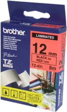 Bandă laminată Brother TZ431 8m/12mm negru/rosu