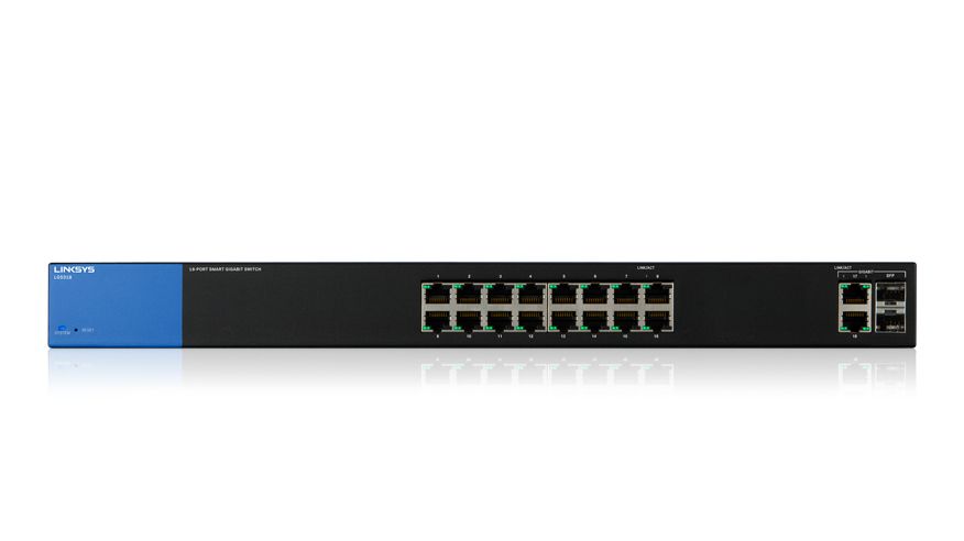 Switch Linksys LGS318 cu management fara PoE 16x1000Mbps-RJ45 + 2x1000Mbps-RJ45 (sau 2xSFP)