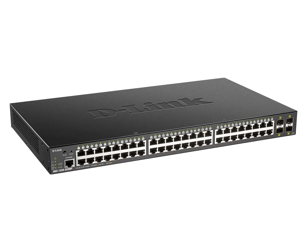 Switch D-Link DGS-1250-52XMP cu management cu PoE 48x1000Mbps-RJ45 (PoE) + 4xSFP+