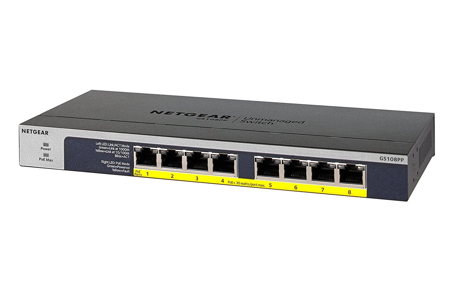 Switch Netgear GS108PP fara management cu PoE 8x1000Mbps-RJ45 (8xPoE+)