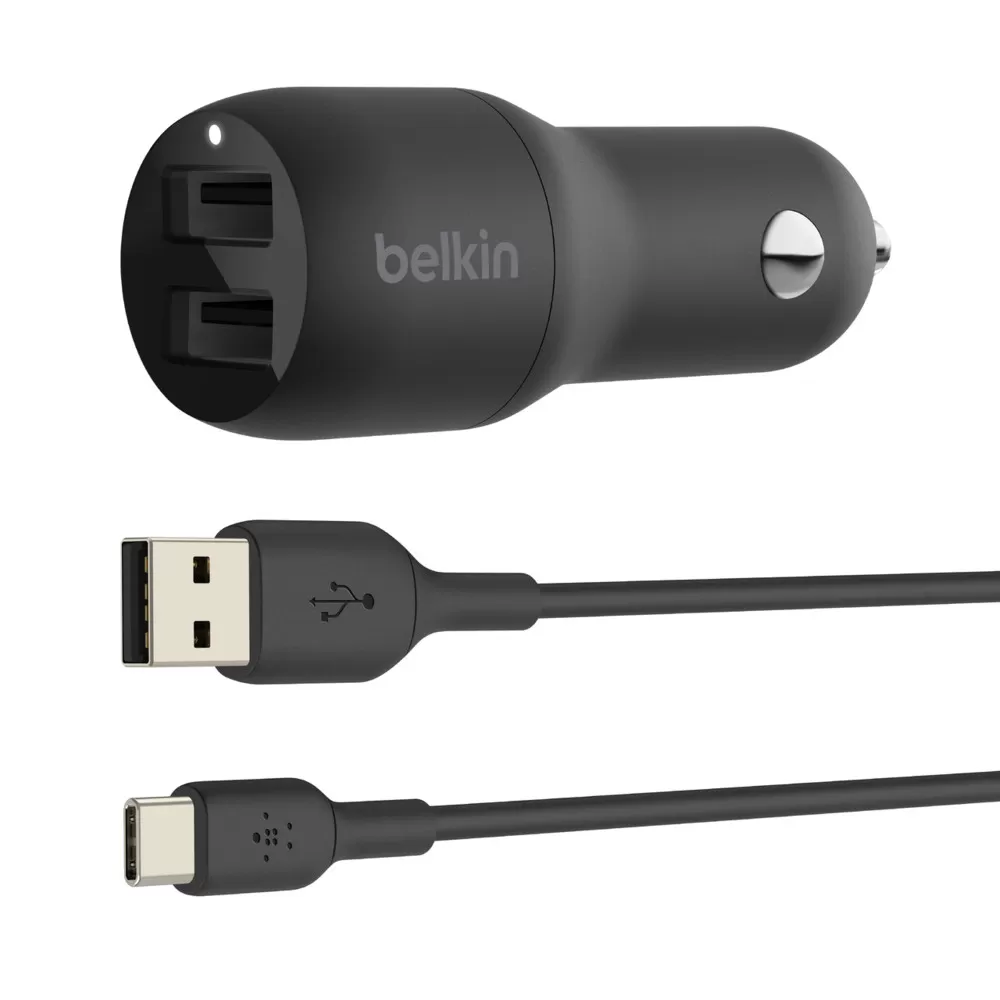 Incarcator Auto Belkin CCE001bt1MBK  Dual USB-A 24W  Cablu USB-A - USB-C inclus  Black