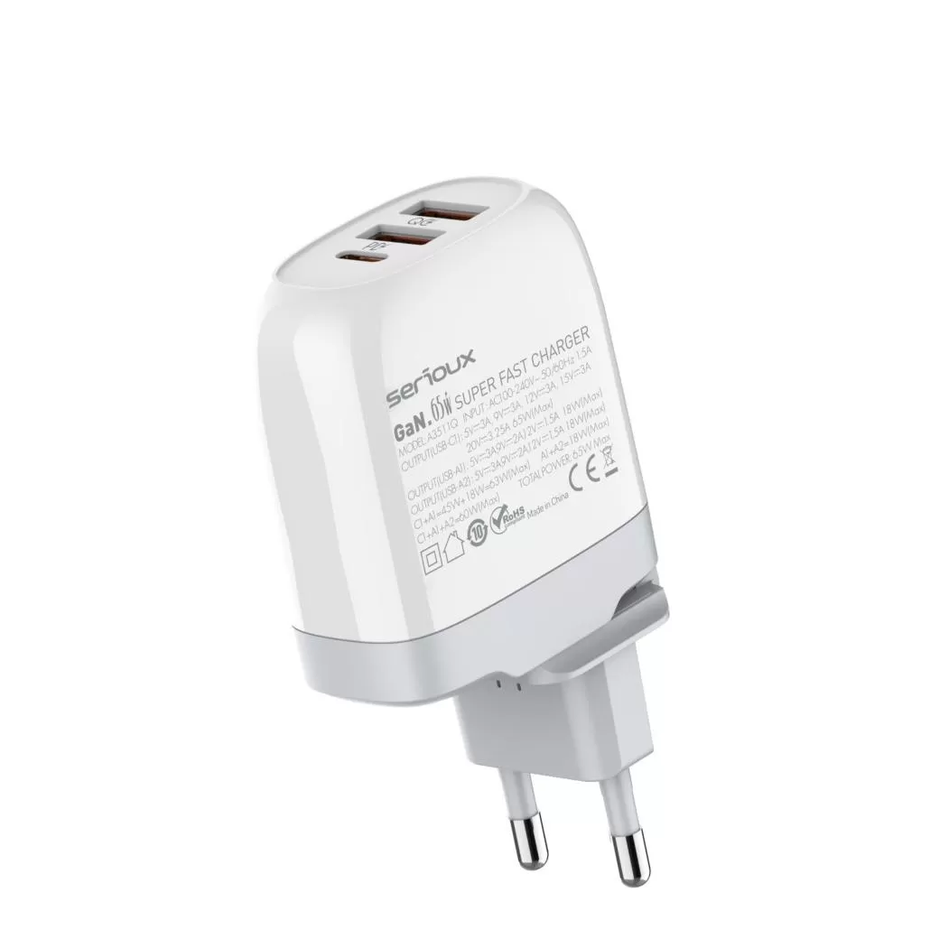 Incarcator retea Serioux QC65W  65W  Quick Charge  GaN  2x USB-A  USB-C  White