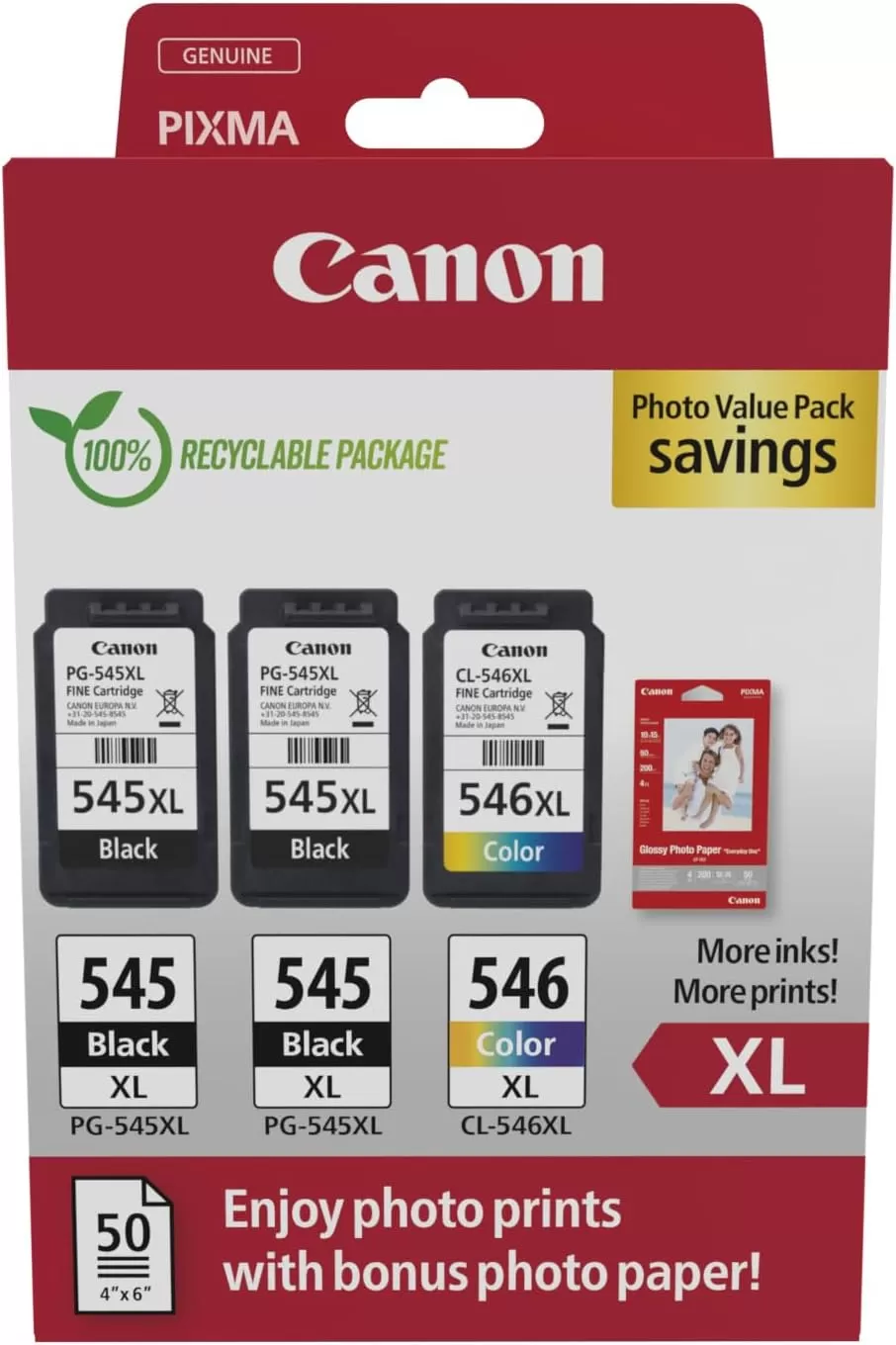 Pachet Cartuse Inkjet Canon PG-545XL x2 / CL-546XL  Black/Color + 50 coli foto